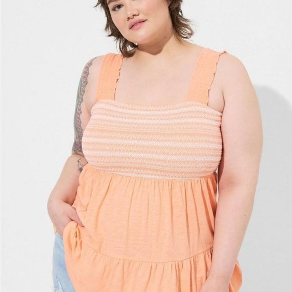 Torrid - Cotton Modal Slub Square Neck Smocked Babydoll Tank in Papaya P…